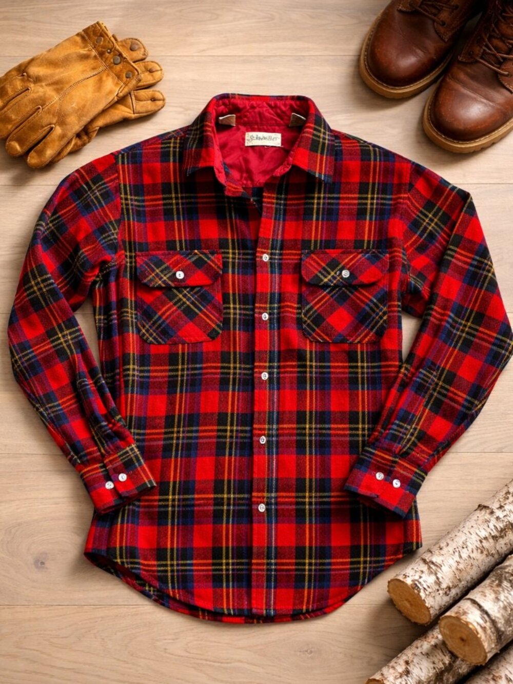 Vintage 80s Wool Plaid Buttonup Shirt Womens Medium Tall Red Blue Yellow Outdoor